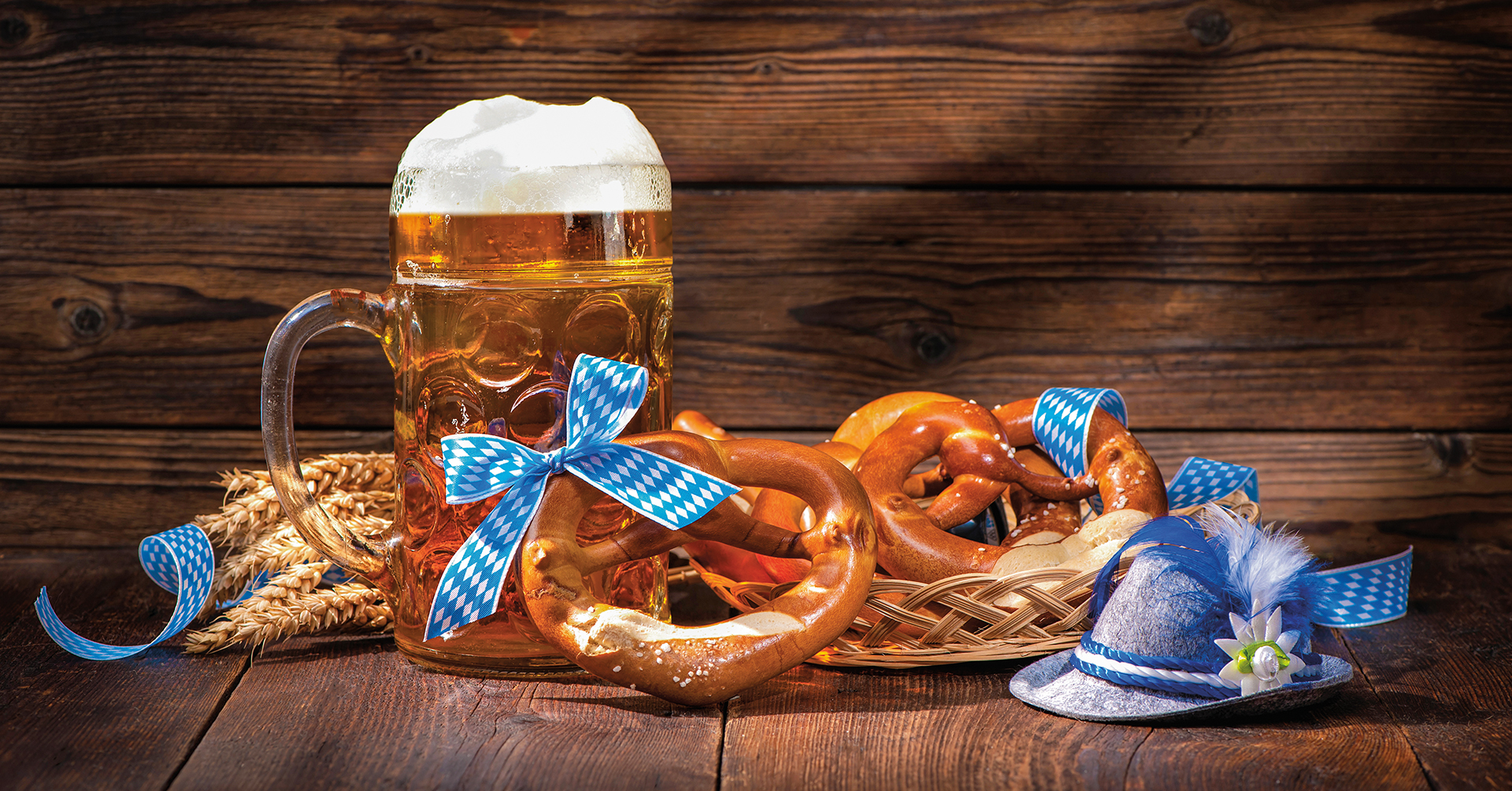 Oktoberfest beer, pretzels and hat